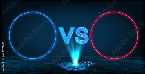 Versus screen with neon circle frames and vs letters. Competition vs match game, martial battle vs sport. Futuristic versus illustration. Hologram and 3d color letters vs. Vector illustration