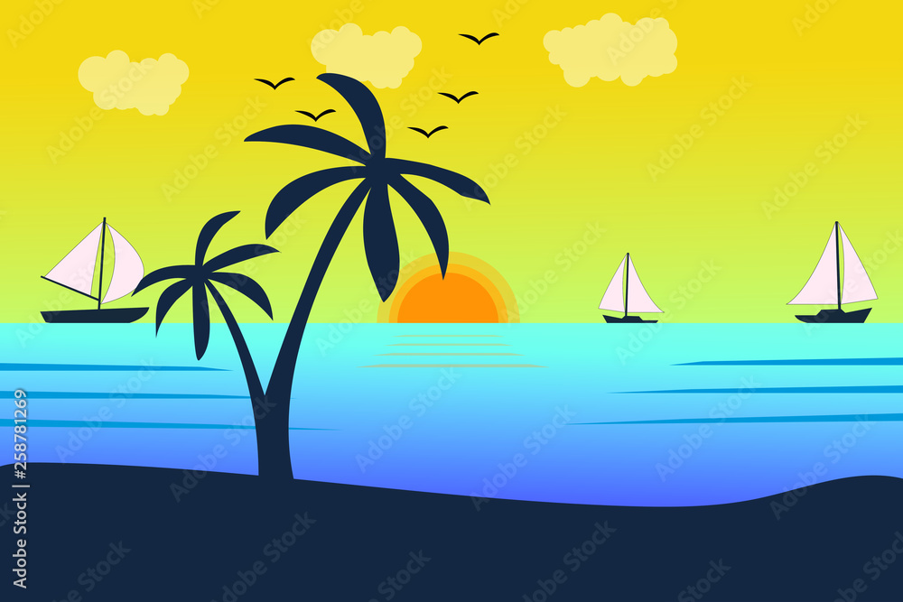 Vector seascape and sky background. Tropical Beach and Palm Trees Silhouette Travel Holiday Vacation Concept.