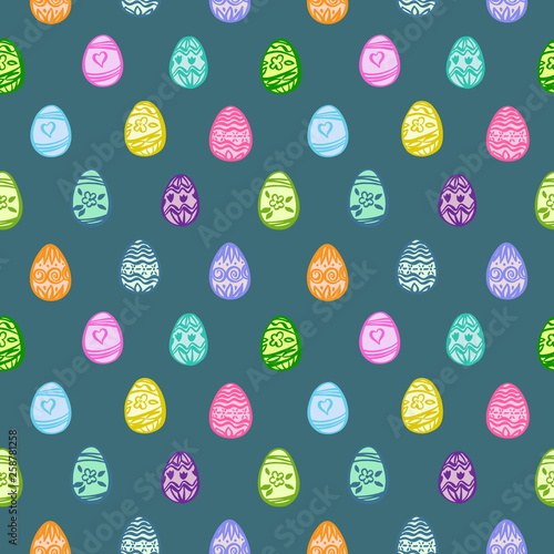 Happy Easter day seamless background. Vector colorfull ornamental eggs. Decorative hand drawn pattern, cartoon style