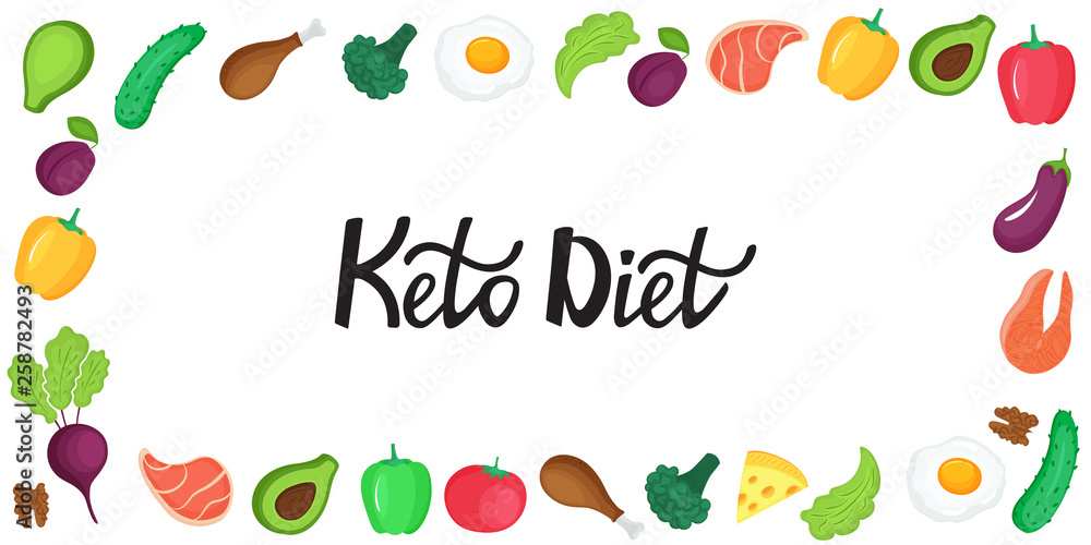 Keto diet banner. Ketogenic low carb and protein, high fat. Horizontal frame of fresh vegetables, fish, meat, nuts.
