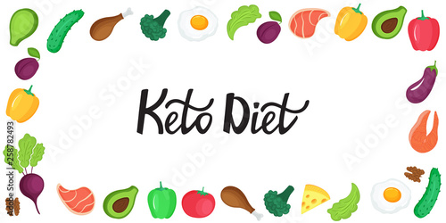 Keto diet banner. Ketogenic low carb and protein  high fat. Horizontal frame of fresh vegetables  fish  meat  nuts.