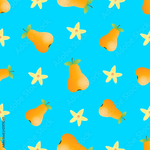 Ripe pear and vanilla flower seamless pattern.