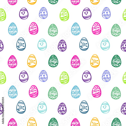 Happy Easter day seamless pattern. Vector colorfull ornamental eggs on white background. Decorative hand drawn backdrop, cartoon style