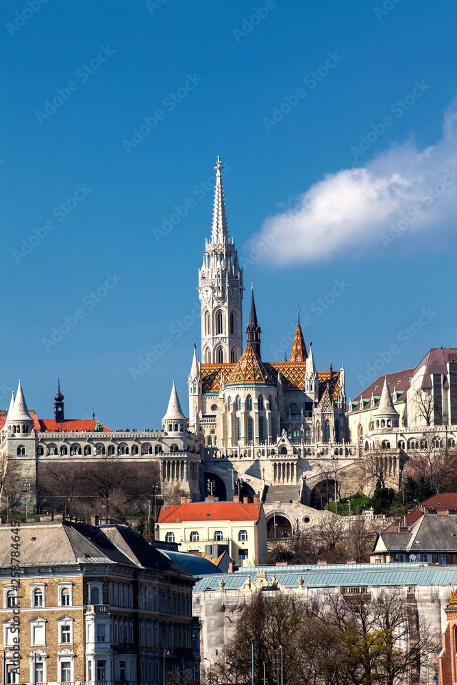 View of the Buda bank of the Danube river at Budapest city in a beautiful early spring day