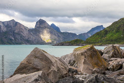 rainy clouds over a fjord on Senja island in Norway