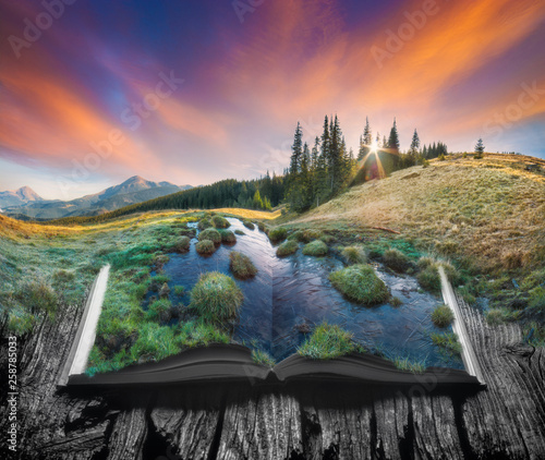 Alpine mountain valley on the pages of book