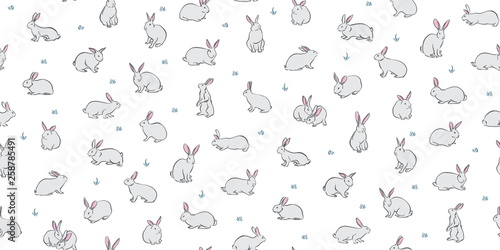 Bunny pets seamless background. Vector cute rabbits on white background. Decorative hand drawn childish pattern, cartoon style