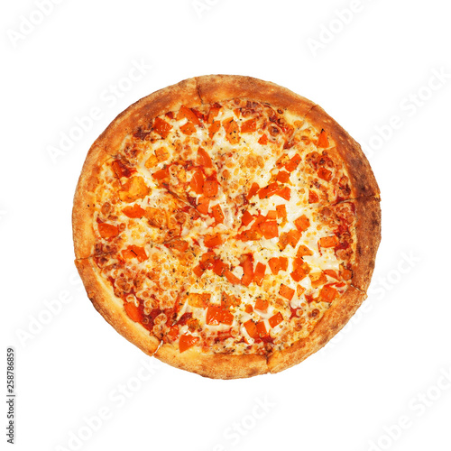 Pizza with tomatoes and cheese isolated on white background. Pizza margarita, top view