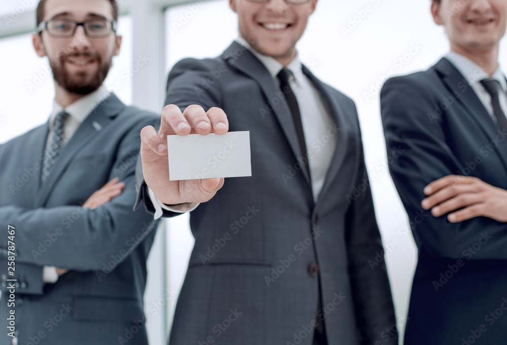 business team leader showing business card business team leader showing business card