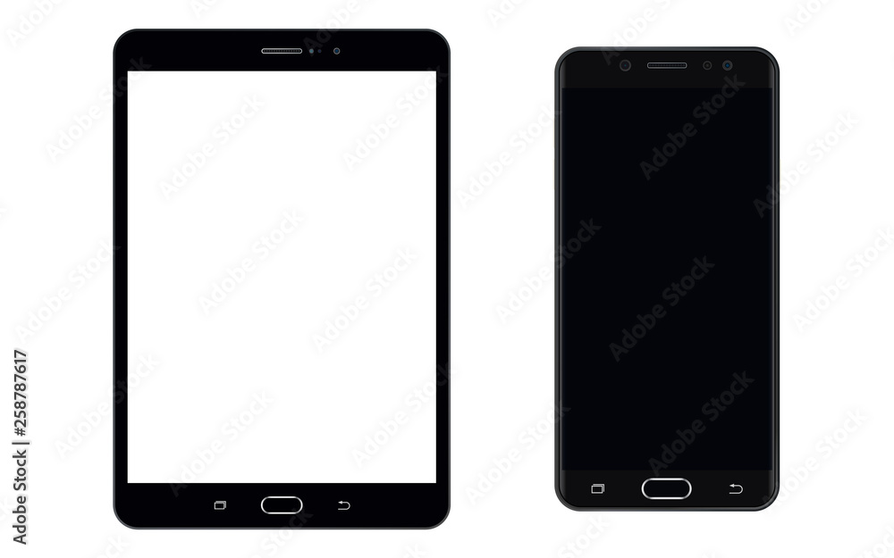 Notepad or Tablet and Smartphone, black edition with blank screen. Smartphone and Tablet or pad, notebook set. Set of Tablet or pad, front view. Notepad or Tablet and Smartphone, black edition with blank screen. Smartphone and Tablet or pad, notebook set. Set of Tablet or pad, front view.