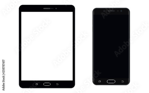 Notepad or Tablet and Smartphone, black edition with blank screen. Smartphone and Tablet or pad, notebook set. Set of Tablet or pad, front view.