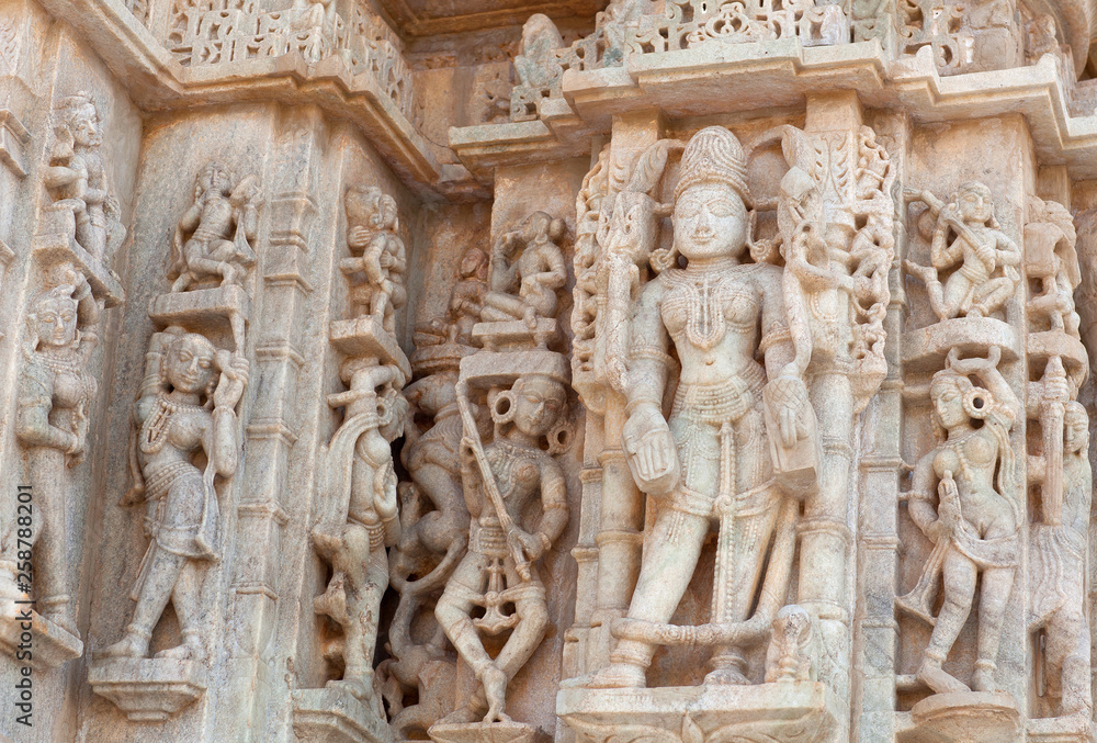 Bas-relief at famous ancient Ranakpur Jain temple in Rajasthan, India