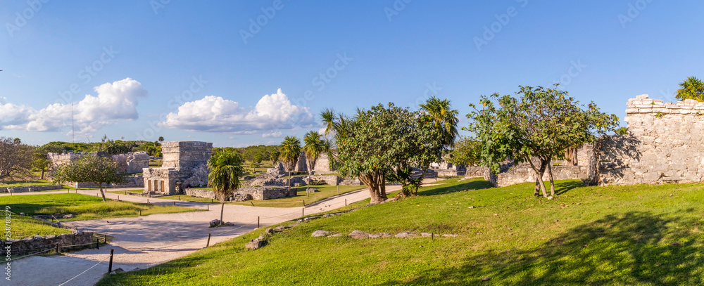 Panoramic view of the Mayan ruins (archaeological zone) - Tulum,Quintana roo, mexico