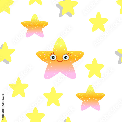 Seamless pattern with yellow stars on white background. Children's pattern with Emoji stars. © Ella