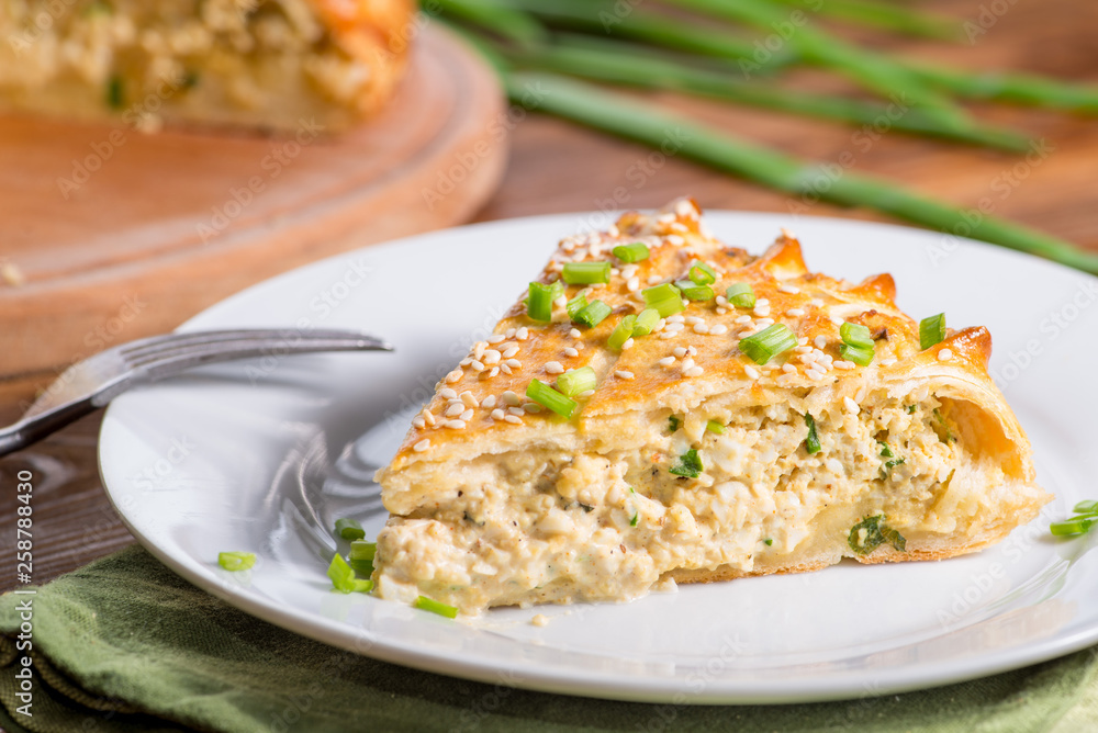 piece of Savory pie with filling on a wooden background with vegetables. Savory pie with filling.