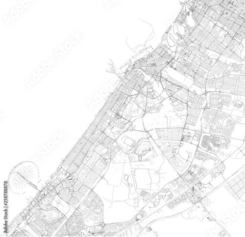 Satellite map of Dubai, United Arab Emirates, city streets. Streets map of the city center