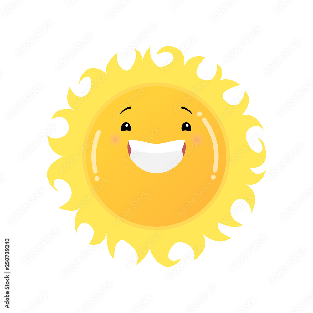 Smiling laughing yellow sun emoji sticker isolated on white background