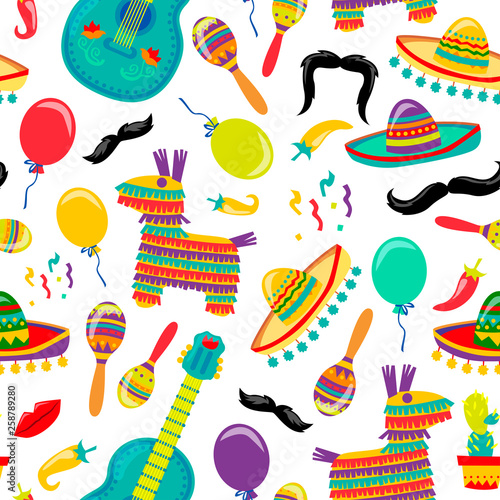 Cinco de Mayo Vector Seamles Pattern with Fiesta Elements. Mexican Attributes Sombreros, a Guitar, Cactus and decoration. Vector illustration