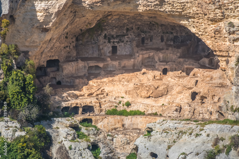 Caves were used as hide-outs by Byzantines and Arabs. Cava Grande del Cassibile Natural Reserve, Siracusa, Sicily, Italy. It has one of Europe’s biggest canyons.