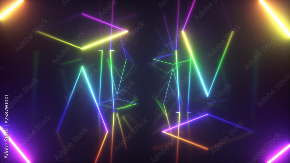 Abstract flying in futuristic corridor background, fluorescent ultraviolet light, mirror lines laser neon lines, geometric endless tunnel, 3d illustration, rainbow spectrum Abstract flying in futuristic corridor background, fluorescent ultraviolet light, mirror lines laser neon lines, geometric endless tunnel, 3d illustration, rainbow spectrum