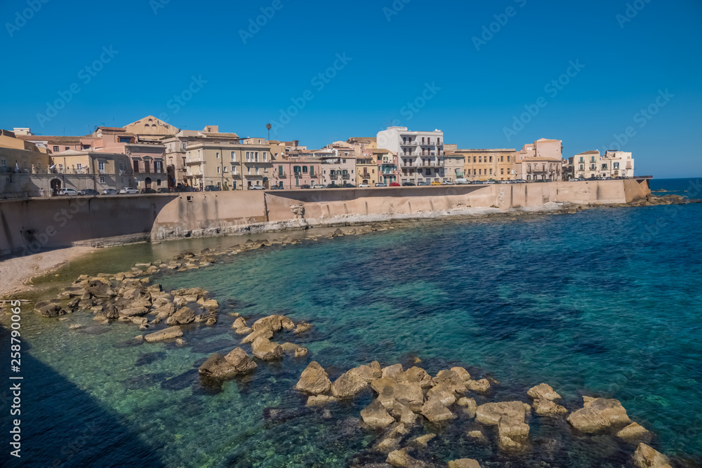 Eastern waterfront of Ortygia Island, Syracuse (Siracusa), a historic city on the island of Sicily, Italy. Notable for its rich Greek history, culture, amphitheatres, architecture