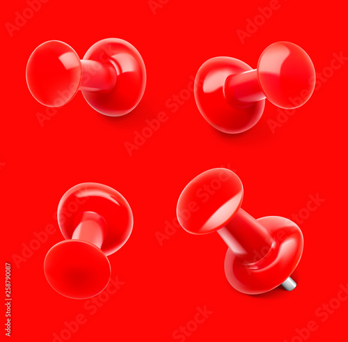 Set of red push pins. Different view. Thumbtacks ready for your design. Vector illustration on red background. EPS10.	