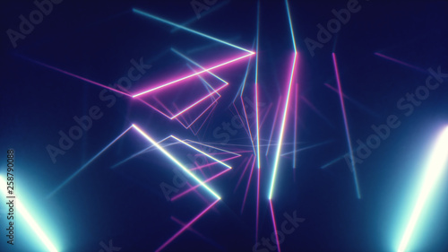 Fotografia Abstract flying in futuristic corridor with triangles background, fluorescent ul