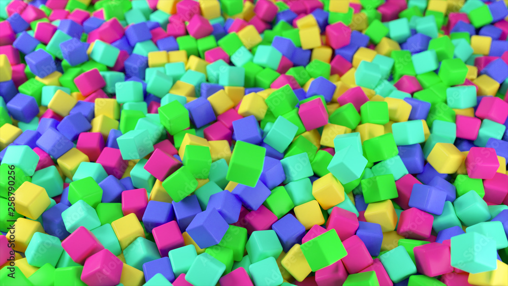 Colorful 3D illustration from a pile of abstract multicolored cubes rolling and falling from top to bottom.