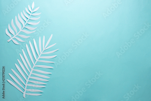 Tropical leaf pattern. Various paper leaves on a pastel background. art. Flat lay, top view. Background on light blue background. Lent background, summer mood © Anton
