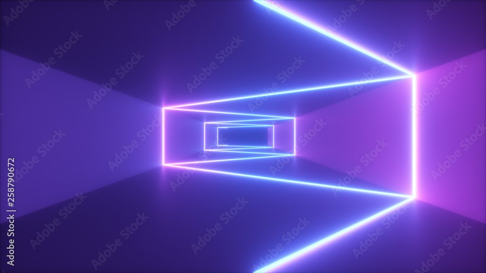 Abstract flying in futuristic corridor background, fluorescent ultraviolet light, glowing colorful laser neon lines, geometric endless tunnel, blue pink spectrum, 3d illustration