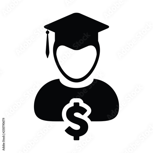 School icon vector male person profile avatar with dollar symbol and mortar board for education loanin flat color glyph pictogram illustration