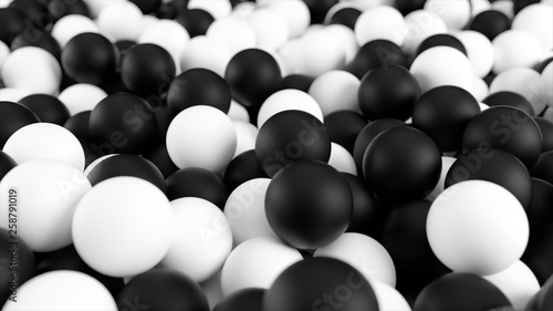 Black white 3D illustration from a pile of abstract spheres and balls rolling and falling from top to bottom.