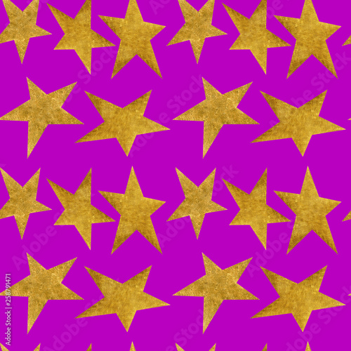 Seamless pattern with golden metallic stars on lilac background.