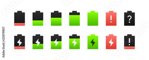 Battery charging vector illustration icons set, collection. Energy. All levels of battery fuel. Alkaline. 