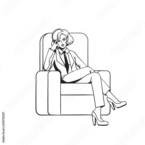The girl sits cross-legged in the chair. Female boss with a stern thoughtful look. Pop art.