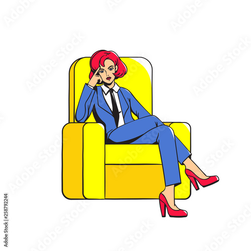 The girl sits cross-legged in the chair. Female boss with a stern thoughtful look. Pop art.