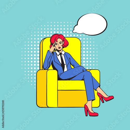 The girl sits cross-legged in the chair. Female boss with a stern thoughtful look. Pop art.