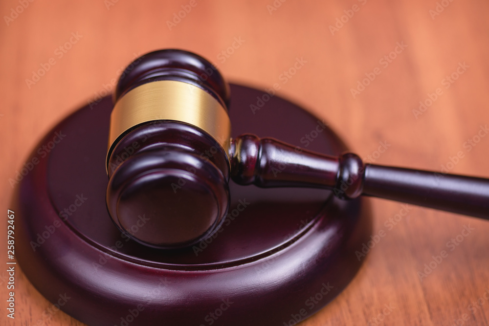 Fair trial. Judge's wooden gavel on the table. Кight to a lawyer. Judicial law. Сoncept of law and court.