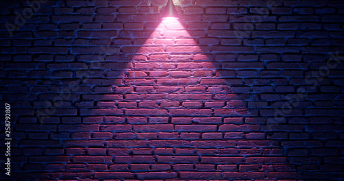 Fototapeta Naklejka Na Ścianę i Meble -  3d rendering. Brick wall illuminated by neon pink light from spotlights. Abstract background Light effect on a serving surface.