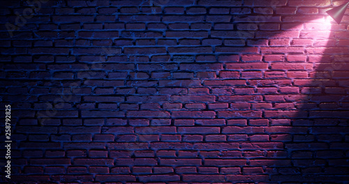 3d rendering. Brick wall illuminated by neon pink light from spotlights. Abstract background Light effect on a serving surface.