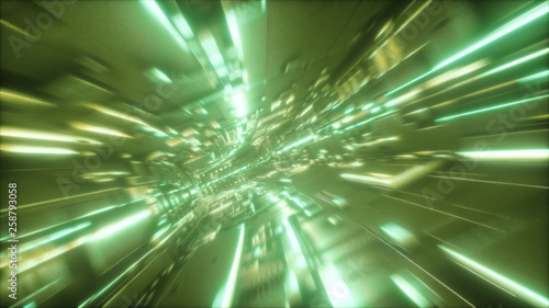 Journey through a futuristic neon tunnel. 3d illustration. High speed ride through a colorful corridor.