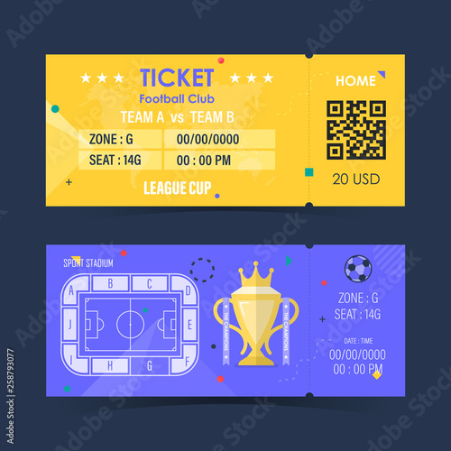 Football, Soccer ticket card purple and yellow color modern pattern element for graphic design. Vector illustration