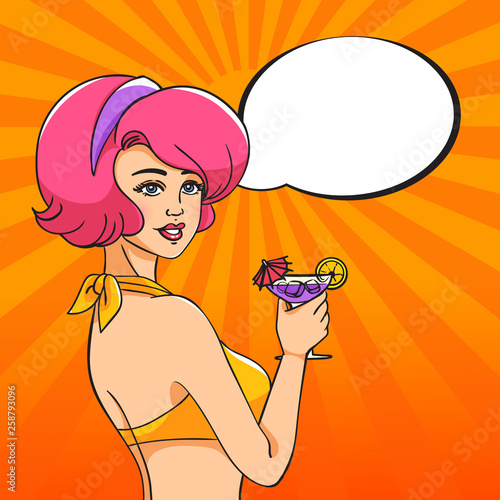 Pop Art girl. A young woman in a bathing suit holds a cocktail in her hand. A woman stands with her back half-sided. Message, cloud of thoughts.