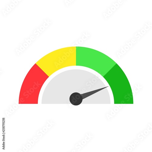 Speedometer icon or sign with arrow. Four color speedometer