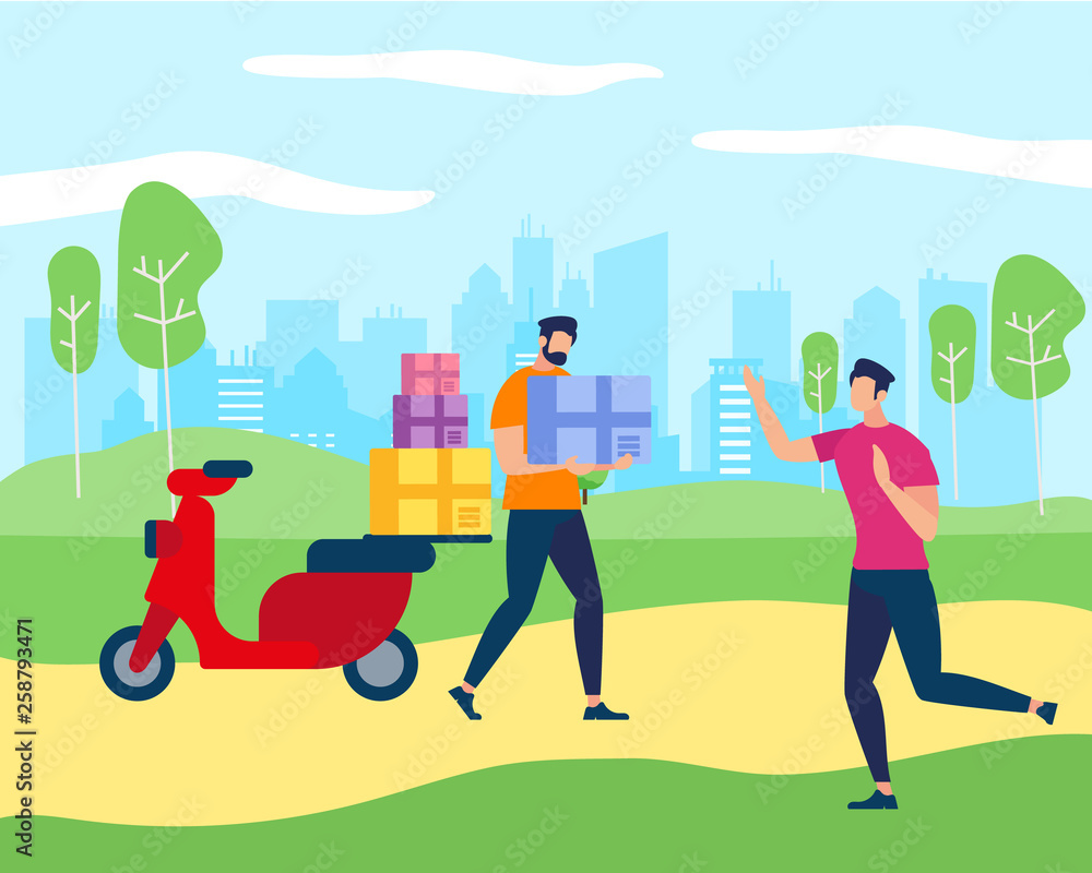 Worker Man Bring Parcel Box to Happy Young Guy.