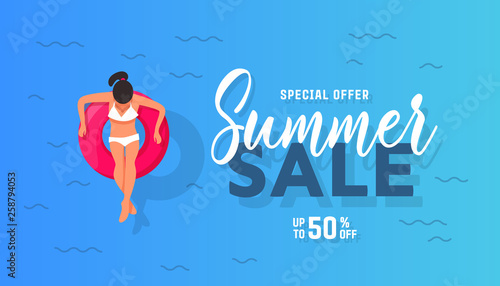 Young woman swims, tanning on life buoy in swimming pool. Summer sale banner design