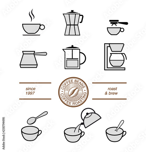 Set of coffee icons and elements. The set helps to present coffee. Suitable brewing methods for your coffee blend. Can be used on packaging, advertising, promo, etc. EPS10.