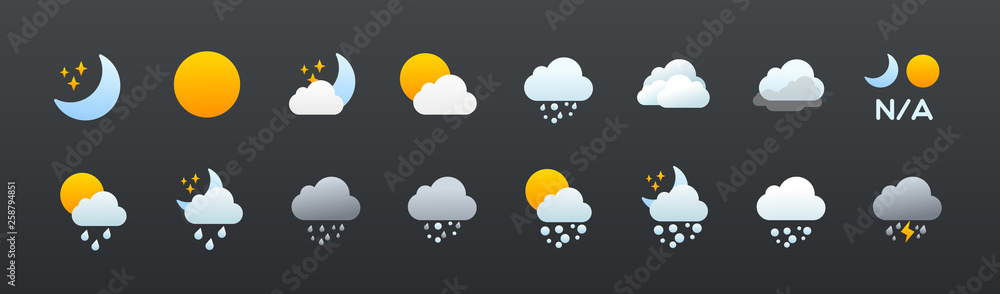 Weather icons vector set. All type of weather conditions, temperature, cloud, sky symbols set, collection. Sunny, cloudy, rainy, stormy, hot degree sun. Seasons. Mobile application, ui ux icons. - obrazy, fototapety, plakaty 