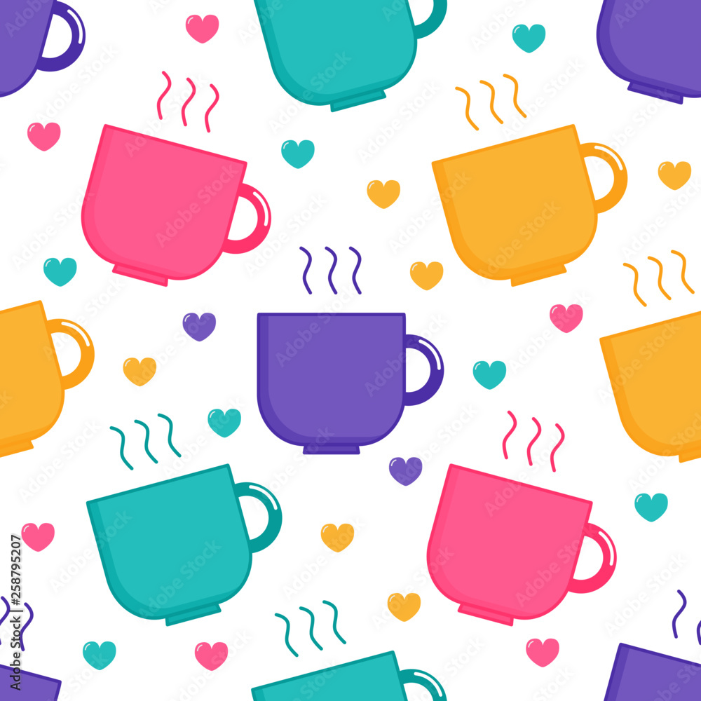 kawaii Cute Pastel Cute Coffee and Tea Cup cartoon Seamless pattern ...