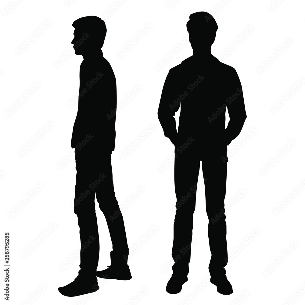 Vector silhouettes of men standing, shadow, profile, couple,  black color, isolated on white background